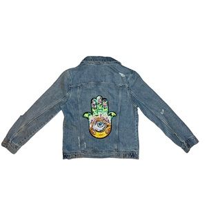 Old Navy Jean Jacket embellished with Evil Eye Sequin Patch, Size M